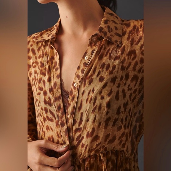 Anthropology BLUE TASSEL: Silk Leopard Tiered Blouse- Size Large - Picture 3 of 6